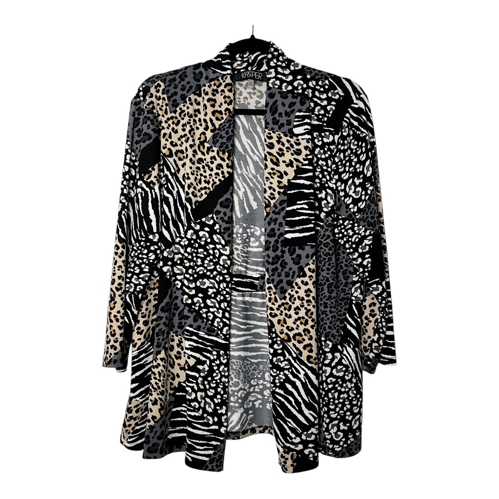 Kasper Womens XL Animal Print‎ Cardigan Mixed Leopard Zebra Patchwork Open Front